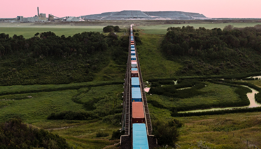Aerial drone photo of a train going through Saskatchewan